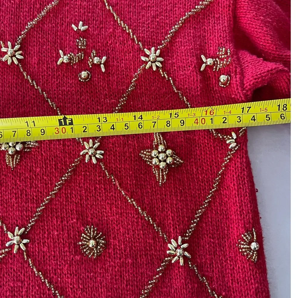 Victoria Harbour Vintage Ramie Cotton Holiday Sweater, red & gold, beaded,‎ 80s